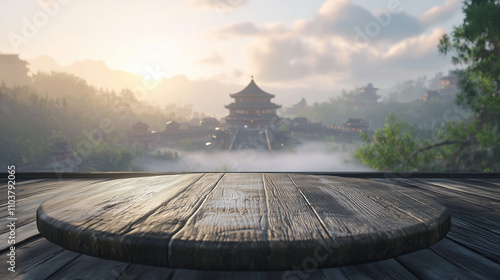 Circular wooden mockup. In the background an oriental pagoda.