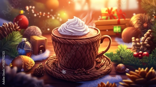 A cozy cup of hot chocolate topped with whipped cream, surrounded by festive decorations.