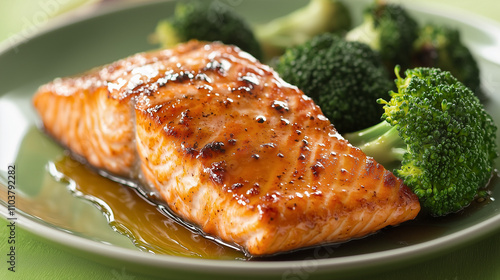Close-up of an appetising salmon slice with broccoli.
