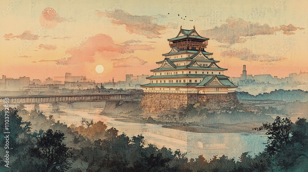 Fototapeta premium traditional japanese woodblock print of Osaka Castle