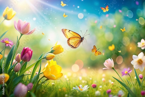 Serene Easter Background Featuring Fresh Spring Flowers and a Yellow Butterfly in Long Exposure Style for a Tranquil Spring Atmosphere