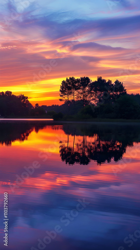 Serene Lakeside Sunset with Vibrant Sky Reflections and Silhouetted Trees