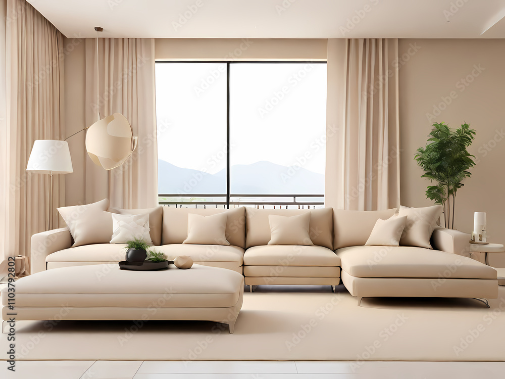This image showcases a modern, minimalist living room with a clean and elegant design. The layout features a large, beige sectional sofa adorned with matching beige cushions This image showcases a modern, minimalist living room with a clean and elegant design. The layout features a large, beige sectional sofa adorned with matching beige cushions