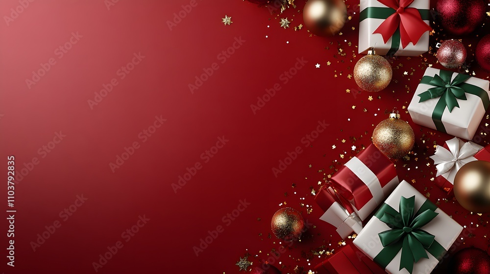 Elegant vertical Christmas scene featuring beautifully wrapped gifts and colorful ornaments on a vibrant red background creating a festive holiday atmosphere Elegant vertical Christmas scene featuring beautifully wrapped gifts and colorful ornaments on a vibrant red background creating a festive holiday atmosphere