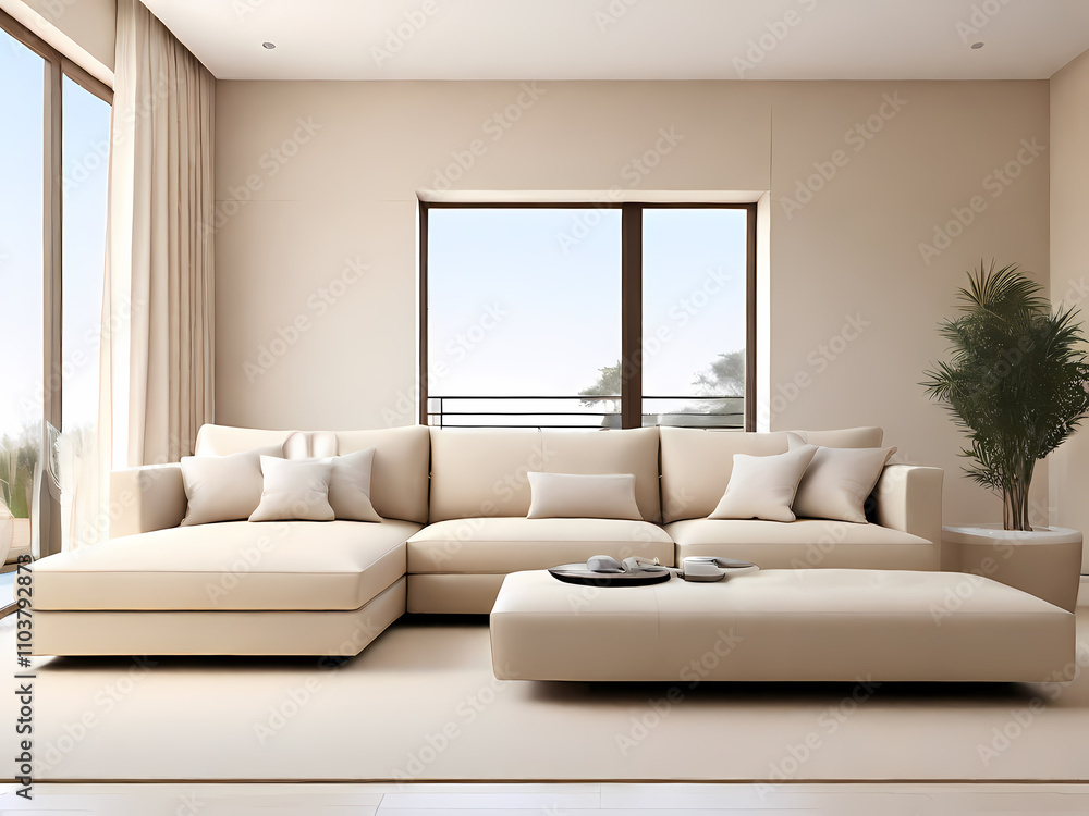 This image showcases a modern, minimalist living room with a clean and elegant design. The layout features a large, beige sectional sofa adorned with matching beige cushions This image showcases a modern, minimalist living room with a clean and elegant design. The layout features a large, beige sectional sofa adorned with matching beige cushions