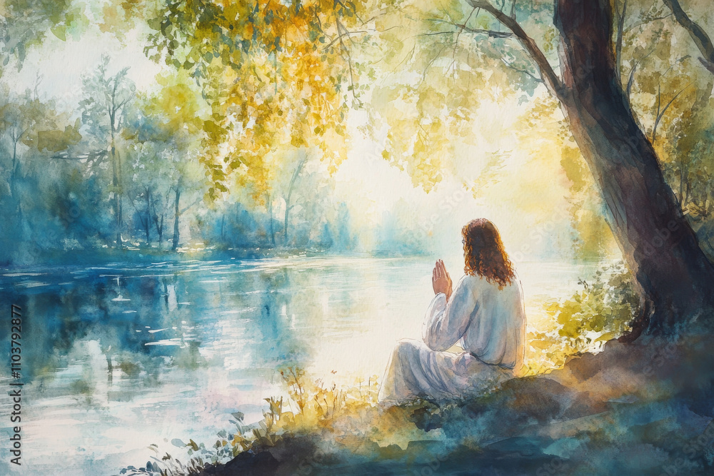 Jesus kneeling beside a riverbank, praying under the morning light. Watercolor blends of soft greens, blues, and golden tones create a serene and reverent atmosphere. Jesus kneeling beside a riverbank, praying under the morning light. Watercolor blends of soft greens, blues, and golden tones create a serene and reverent atmosphere.