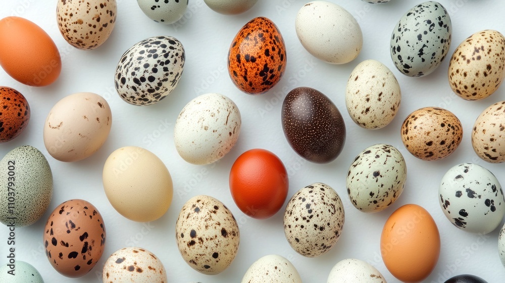 An assortment of various bird eggs displaying a range of sizes, colors, and speckled patterns, arranged neatly on a white background. An assortment of various bird eggs displaying a range of sizes, colors, and speckled patterns, arranged neatly on a white background.