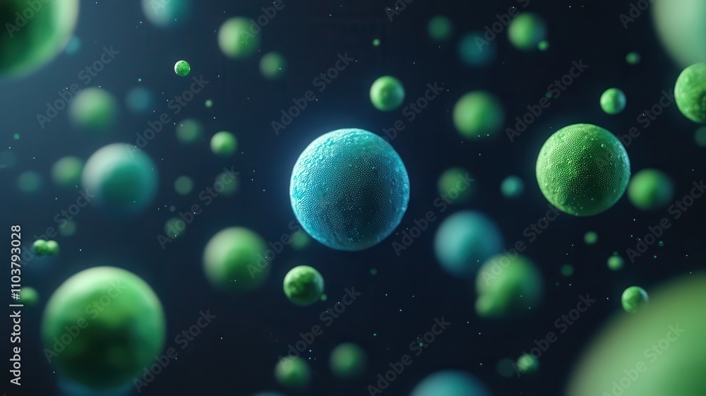 A vibrant, abstract depiction of floating cells in green and blue hues against a dark background, emphasizing a microscopic perspective. A vibrant, abstract depiction of floating cells in green and blue hues against a dark background, emphasizing a microscopic perspective.