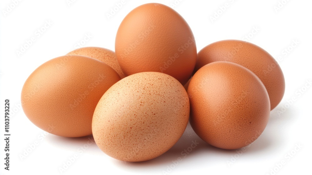 A group of six brown eggs clustered together on a white background, symbolizing fresh ingredients or the start of a cooking process. A group of six brown eggs clustered together on a white background, symbolizing fresh ingredients or the start of a cooking process.