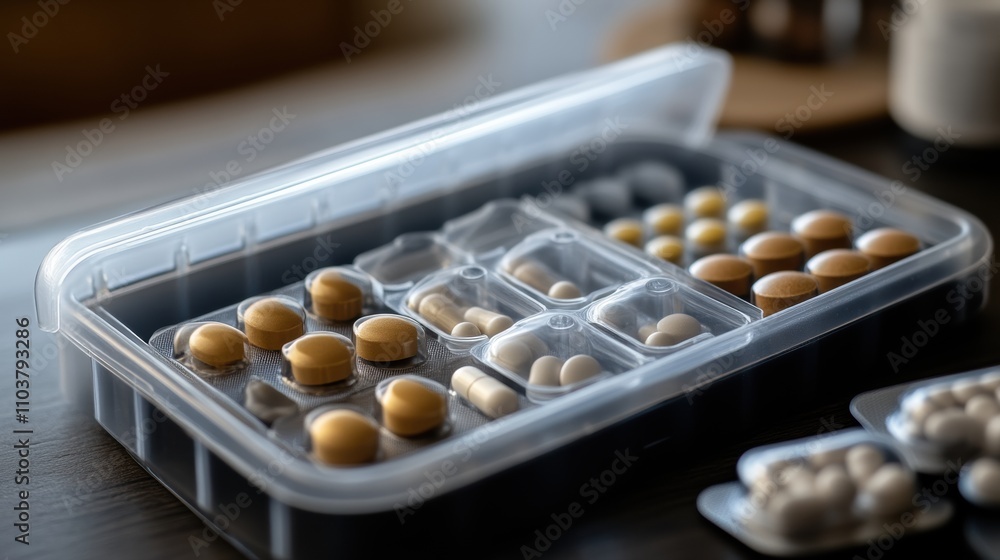 Clear plastic pill organizer with assorted pills on dark surface