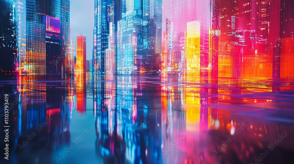 Fototapeta premium Futuristic city skyline, glassy structures, vibrant reflections on water, surreal and clean aesthetics 
