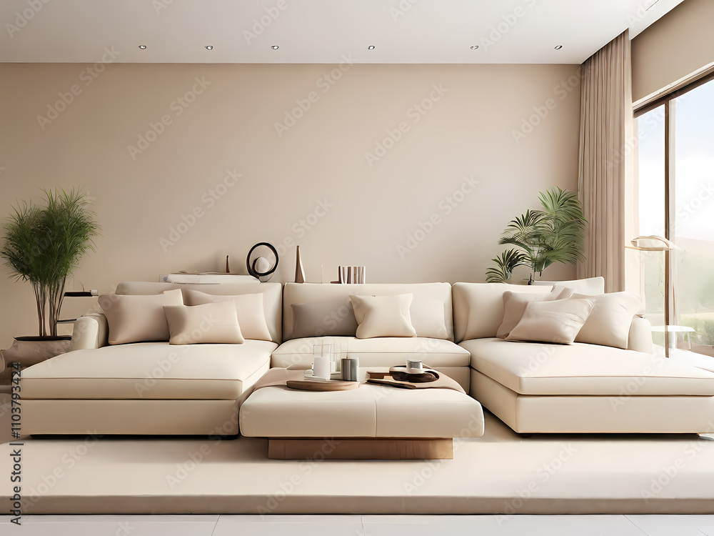 This image showcases a modern, minimalist living room with a clean and elegant design. The layout features a large, beige sectional sofa adorned with matching beige cushions This image showcases a modern, minimalist living room with a clean and elegant design. The layout features a large, beige sectional sofa adorned with matching beige cushions