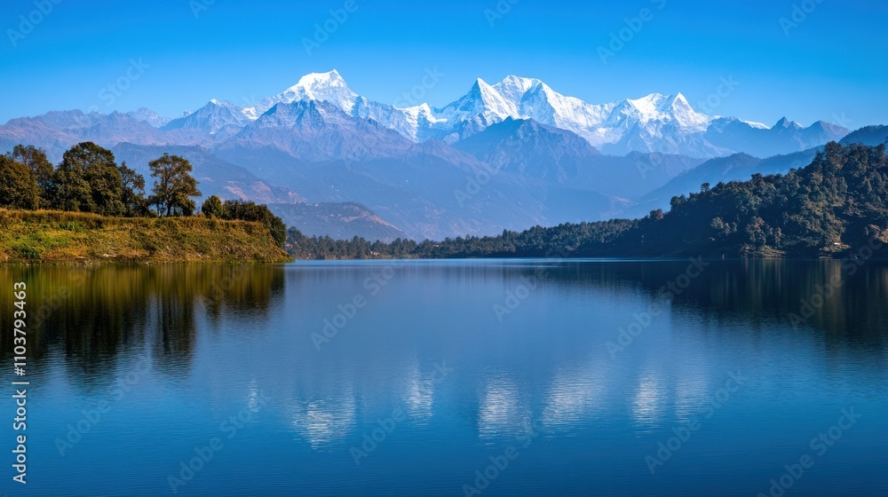Majestic Snow Capped Mountains Reflecting In Calm Lake Water Majestic Snow Capped Mountains Reflecting In Calm Lake Water