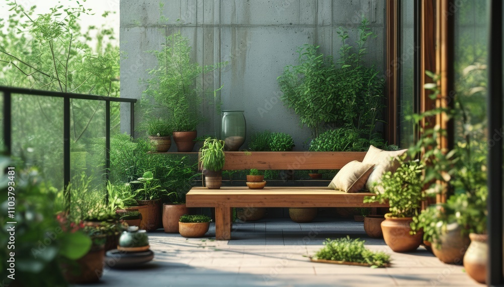 Serene balcony retreat with wooden bench and lush greenery for relaxation Serene balcony retreat with wooden bench and lush greenery for relaxation