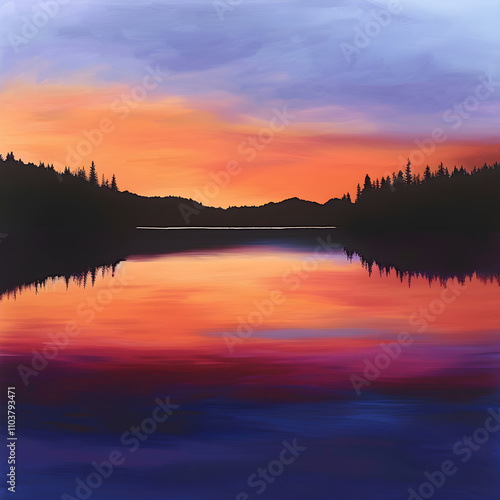 Serene Lakeside Sunset with Vibrant Sky Reflections and Silhouetted Trees