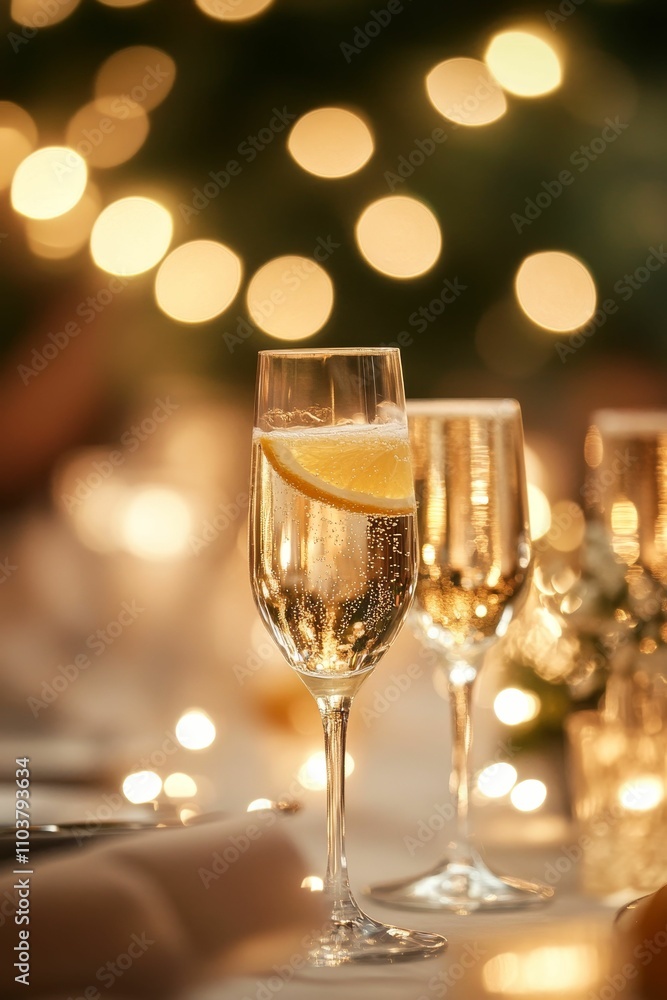 Champagne flutes, lemon garnish, festive lights. Champagne flutes, lemon garnish, festive lights.