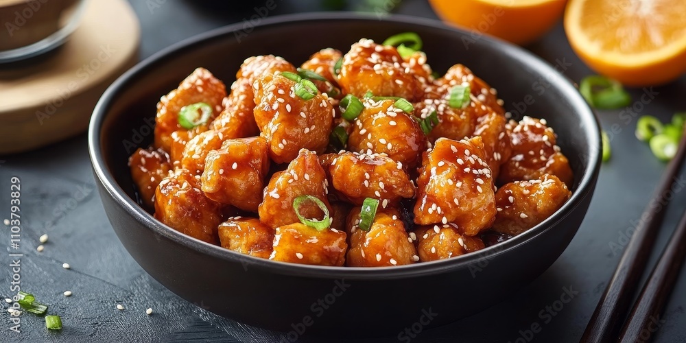 Bowl of orange chicken garnished with sesame seeds, showcasing a delicious serving of orange chicken that highlights the vibrant flavors and textures of this popular dish. Bowl of orange chicken garnished with sesame seeds, showcasing a delicious serving of orange chicken that highlights the vibrant flavors and textures of this popular dish.