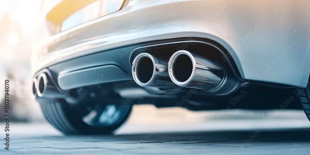 Exhaust pipe of a sleek silver car, showcasing the design and functionality of the exhaust system. This silver car stands out with its polished exhaust pipe, emphasizing automotive craftsmanship and Exhaust pipe of a sleek silver car, showcasing the design and functionality of the exhaust system. This silver car stands out with its polished exhaust pipe, emphasizing automotive craftsmanship and