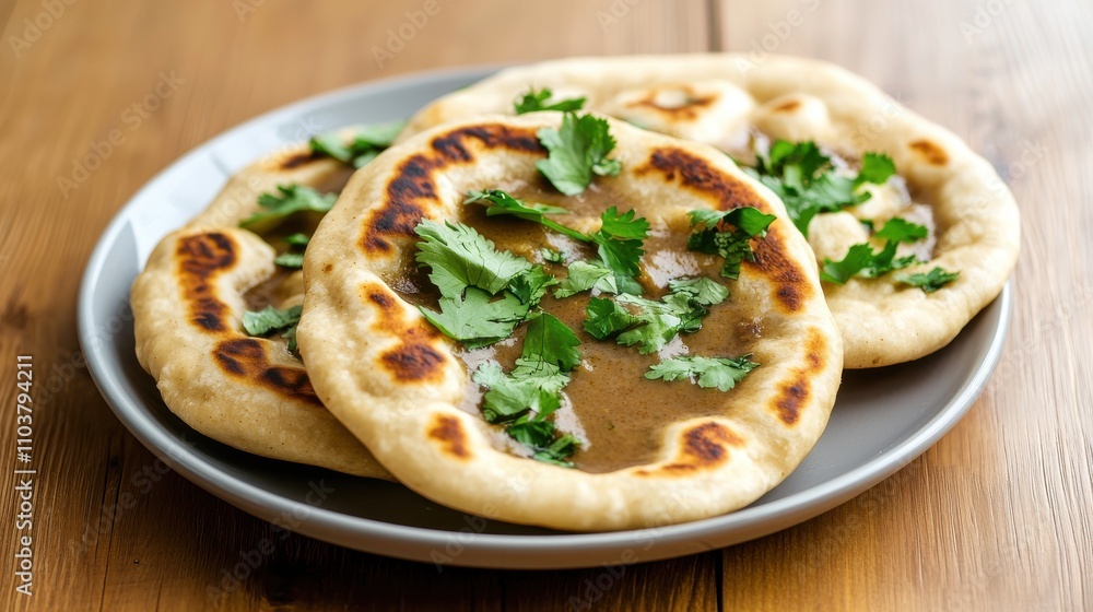 Freshly Made Flatbreads with Green Herbs on a Wooden Table Indian food cuisine Freshly Made Flatbreads with Green Herbs on a Wooden Table Indian food cuisine
