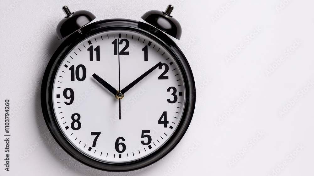 Classic black alarm clock on a white background showing time at six o'clock, symbolizing punctuality, time management, and daily routines for stock photography use Classic black alarm clock on a white background showing time at six o'clock, symbolizing punctuality, time management, and daily routines for stock photography use