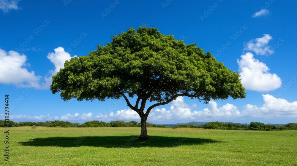 Majestic Solitary Tree on Lush Green Field under a Bright Blue Sky with Fluffy White Clouds and Scenic Landscape in the Background Majestic Solitary Tree on Lush Green Field under a Bright Blue Sky with Fluffy White Clouds and Scenic Landscape in the Background