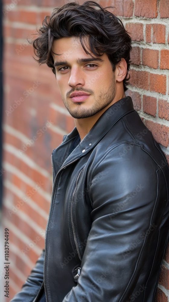 Stylish Young Man in Black Leather Jacket Leaning Against Brick Wall Exuding Confidence and Charm in Urban Setting, Perfect for Fashion and Lifestyle Imagery Stylish Young Man in Black Leather Jacket Leaning Against Brick Wall Exuding Confidence and Charm in Urban Setting, Perfect for Fashion and Lifestyle Imagery