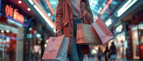 A woman enjoying retail therapy at a busy shopping mall, carrying numerous shopping bags. Ideal for blogs, articles, and advertising related to shopping, retail, and consumerism.
