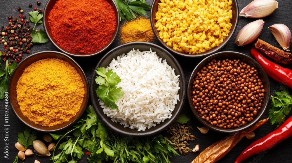 Colorful Spices and Rice Displayed in Bowls on Dark Background Indian food cuisine Colorful Spices and Rice Displayed in Bowls on Dark Background Indian food cuisine