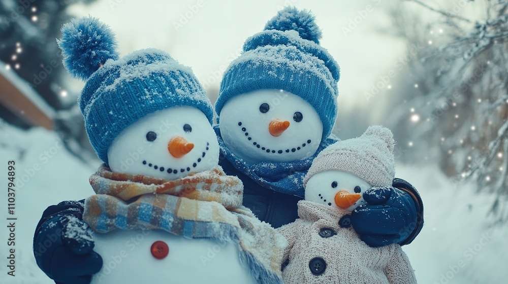 A cheerful family of snowmen in winter blue colour outfits on a snowy day A cheerful family of snowmen in winter blue colour outfits on a snowy day