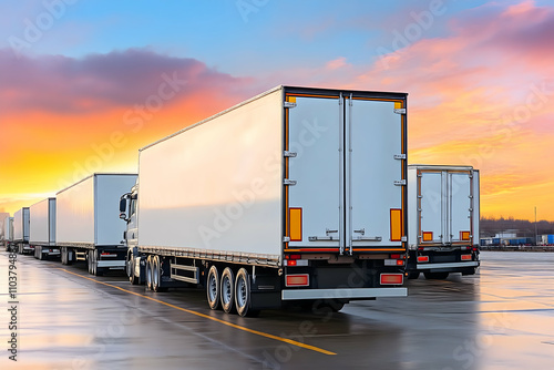 Fleet of Semi-Trucks at Sunset: A row of white semi-trucks stand aligned on a wet asphalt road, their trailers illuminated by a breathtaking sunset.