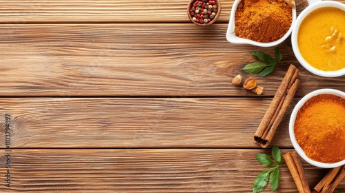 Assorted Spices and Herbs on Wooden Table for Culinary Use Indian food cuisine