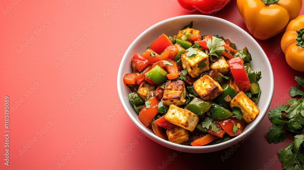 Colorful Vegetable Salad with Paneer in White Bowl on Red Background Indian food cuisine Colorful Vegetable Salad with Paneer in White Bowl on Red Background Indian food cuisine