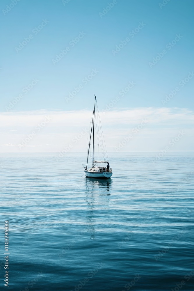 Fototapeta premium Sailboat floats serenely on calm blue ocean.