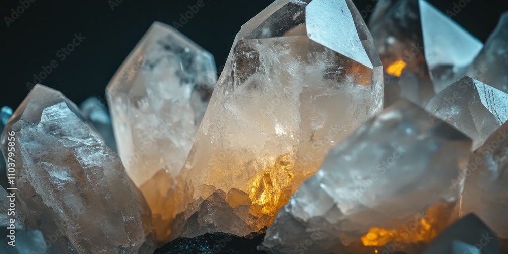 Obraz premium Macro shot of healing crystal stones featuring white rough quartz crystals against a black background. Discover the allure of healing crystals and their natural beauty in your decor.