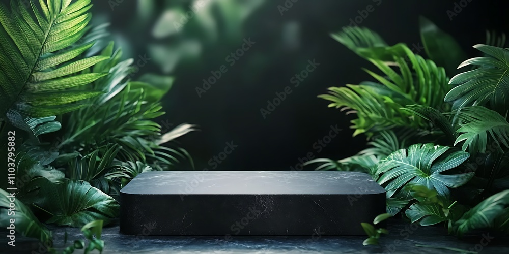 Black Stone podium between green plant leaves Black Stone podium between green plant leaves