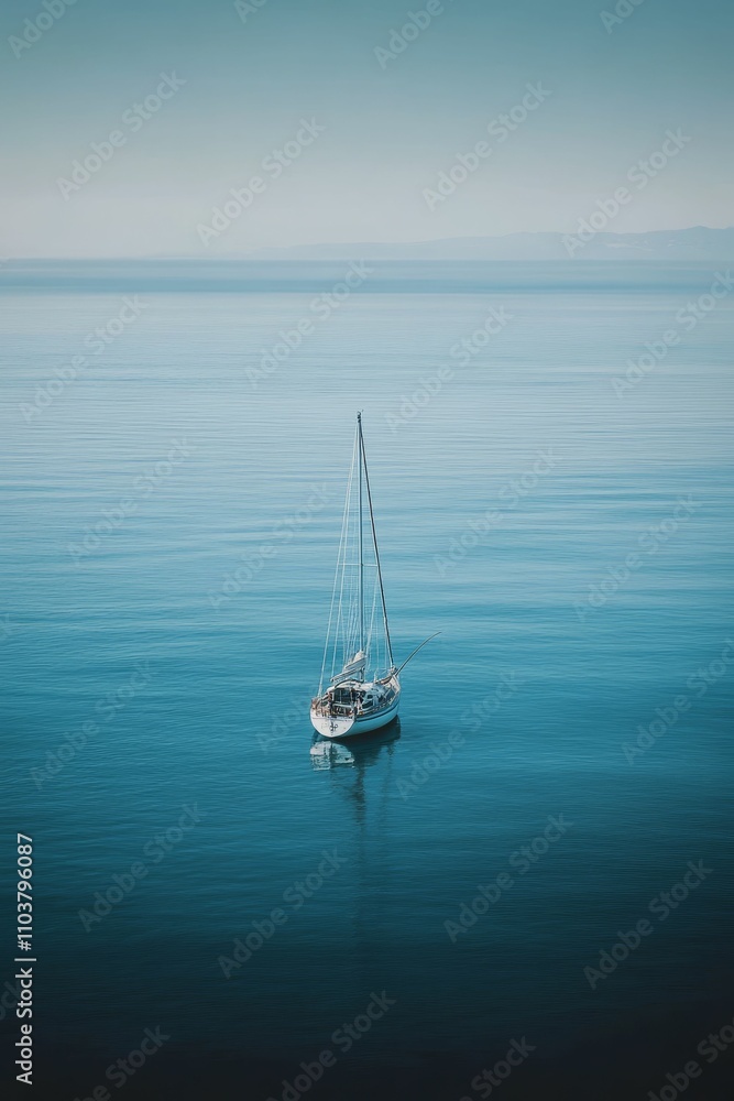 Fototapeta premium Sailboat floats, serene ocean vastness.