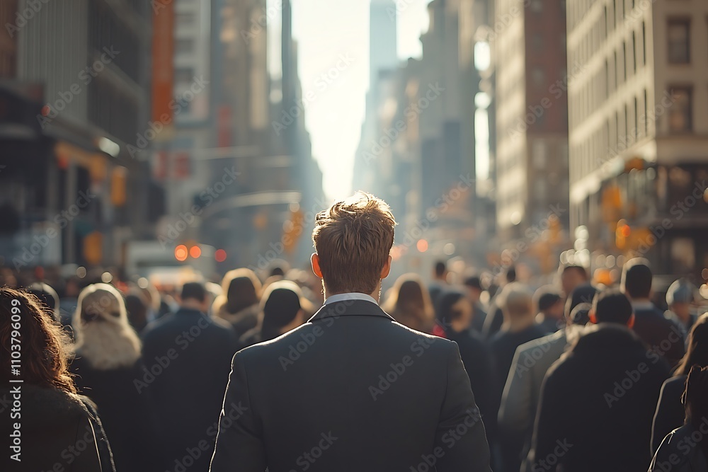 Businessman Back View in City Rush Hour Crowd Businessman Back View in City Rush Hour Crowd