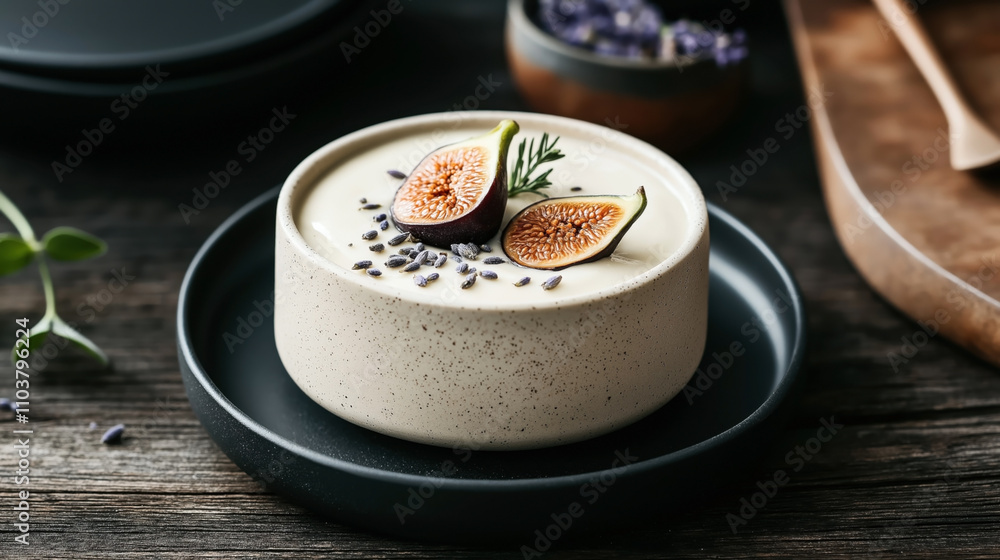 Creamy dessert in a ceramic bowl topped with fresh fig slices and lavender on a wooden table. Creamy dessert in a ceramic bowl topped with fresh fig slices and lavender on a wooden table.