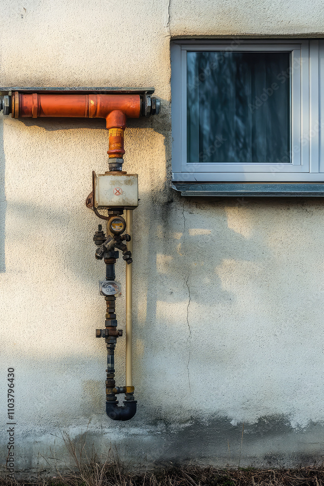 Gas connection to a private house. Gas station with a pipe hanging outside the house on the wall exterior Gas connection to a private house. Gas station with a pipe hanging outside the house on the wall exterior