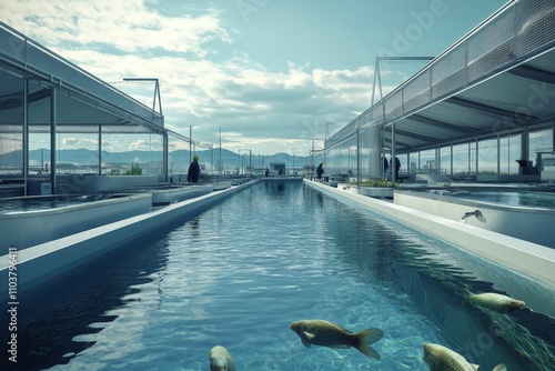 Modern fish farm, long pools, clear water, fish. photo