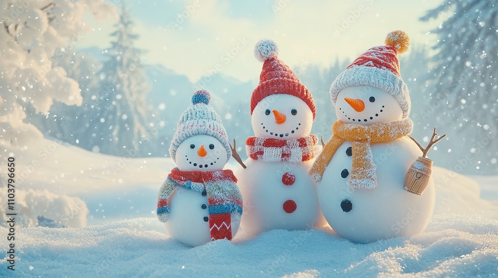 Fototapeta premium A cheerful family of snowmen in winter outfits on a snowy day