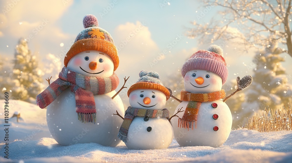 Obraz premium A cheerful family of snowmen in winter outfits on a snowy day