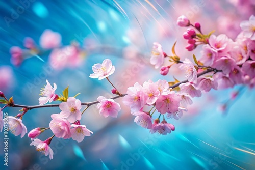 Serene Long Exposure of Pink Cherry Blossoms Against a Tranquil Blue Background, Capturing the Essence of Springtime Beauty and Nature's Delicate Artistry