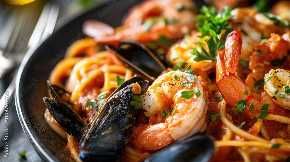 Close-up of a plated Italian seafood dish, with elegant presentation and subtle garnishes of parsley and olive oil Close-up of a plated Italian seafood dish, with elegant presentation and subtle garnishes of parsley and olive oil