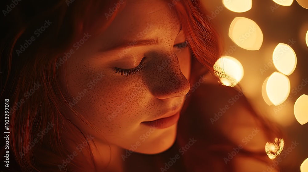 A close-up portrait of a young woman with red hair and freckles, her eyes closed, with warm bokeh lights in the background. A close-up portrait of a young woman with red hair and freckles, her eyes closed, with warm bokeh lights in the background.