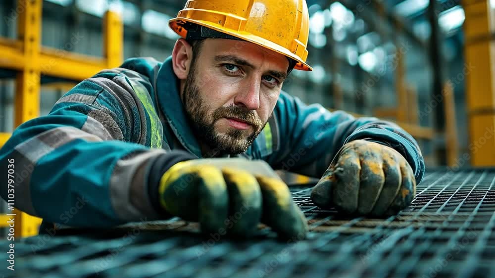 At Prefabricated Concrete Walls Manufacturing, a man wearing a safety hard hat is working on steel wire mesh for concrete slab reinforcement. At Prefabricated Concrete Walls Manufacturing, a man wearing a safety hard hat is working on steel wire mesh for concrete slab reinforcement.