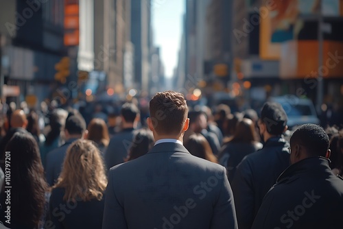 Businessman in Grey Suit Amidst Diverse City Crowd