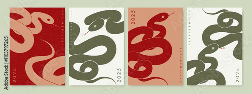 Poster, cover, flyer, web banner, greeting card design template set with abstract flat snake. 2025 Chinese New Year symbol. Trendy minimal style. Vector illustration