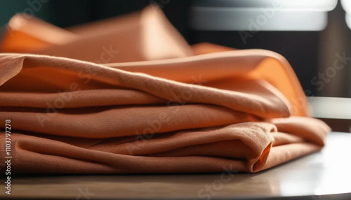 Light orange natural linen on the wooden table. Close up.  photo