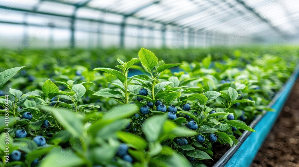 Greenhouse Blueberry Concept, Rows of Blueberry Bushes Thriving Inside a High-Tech Greenhouse Environment Greenhouse Blueberry Concept, Rows of Blueberry Bushes Thriving Inside a High-Tech Greenhouse Environment